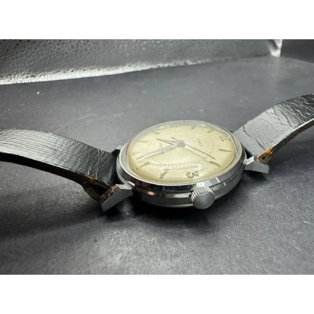 Vintage Timex Self-Wind Wristwatch Silver Tone Dial Black Leather Band Classic